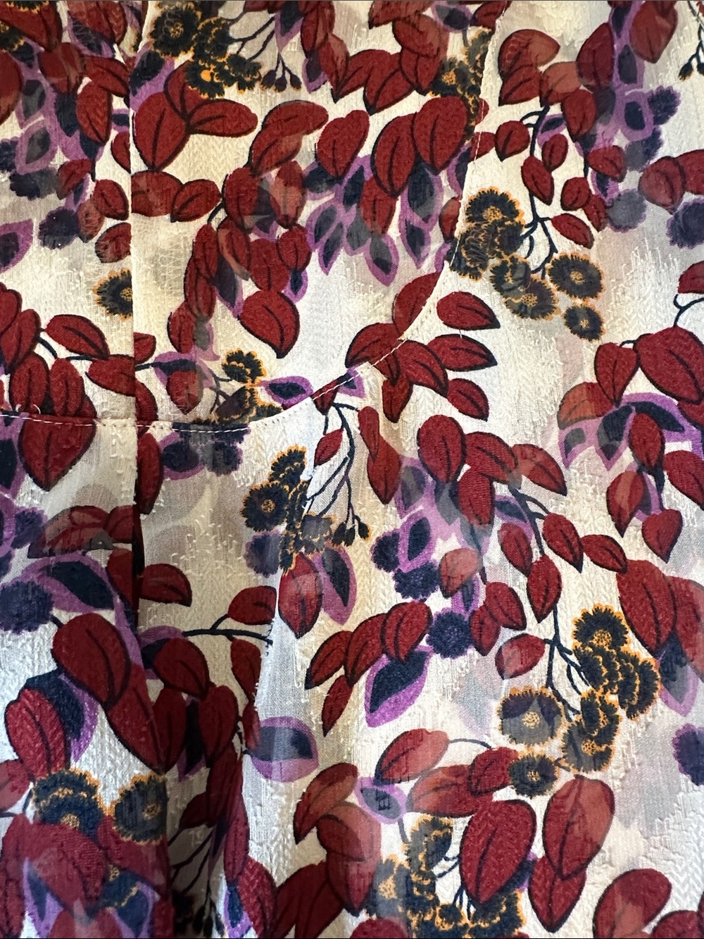 Ann Taylor Cream Blouse with Maroon and Purple Leaf Print and Neck Tie - Picture 10 of 13